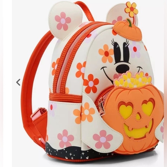 Loungefly Disney Minnie Mouse Floral Pumpkin Glow N Dark Light Up Mini Backpack - Picture 7 of 7